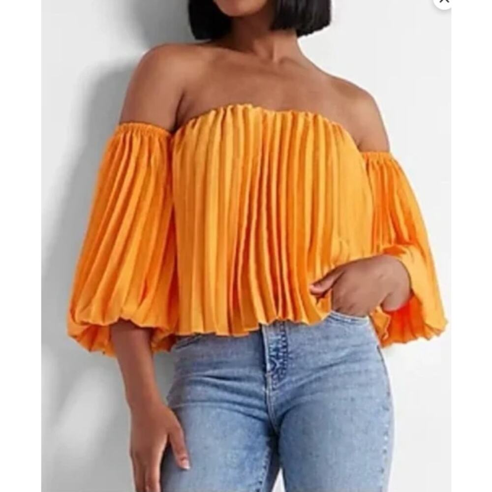 NWT Express Pleated Date Night Out Off Shoulder Balloon Sleeve Blouse Orange XS